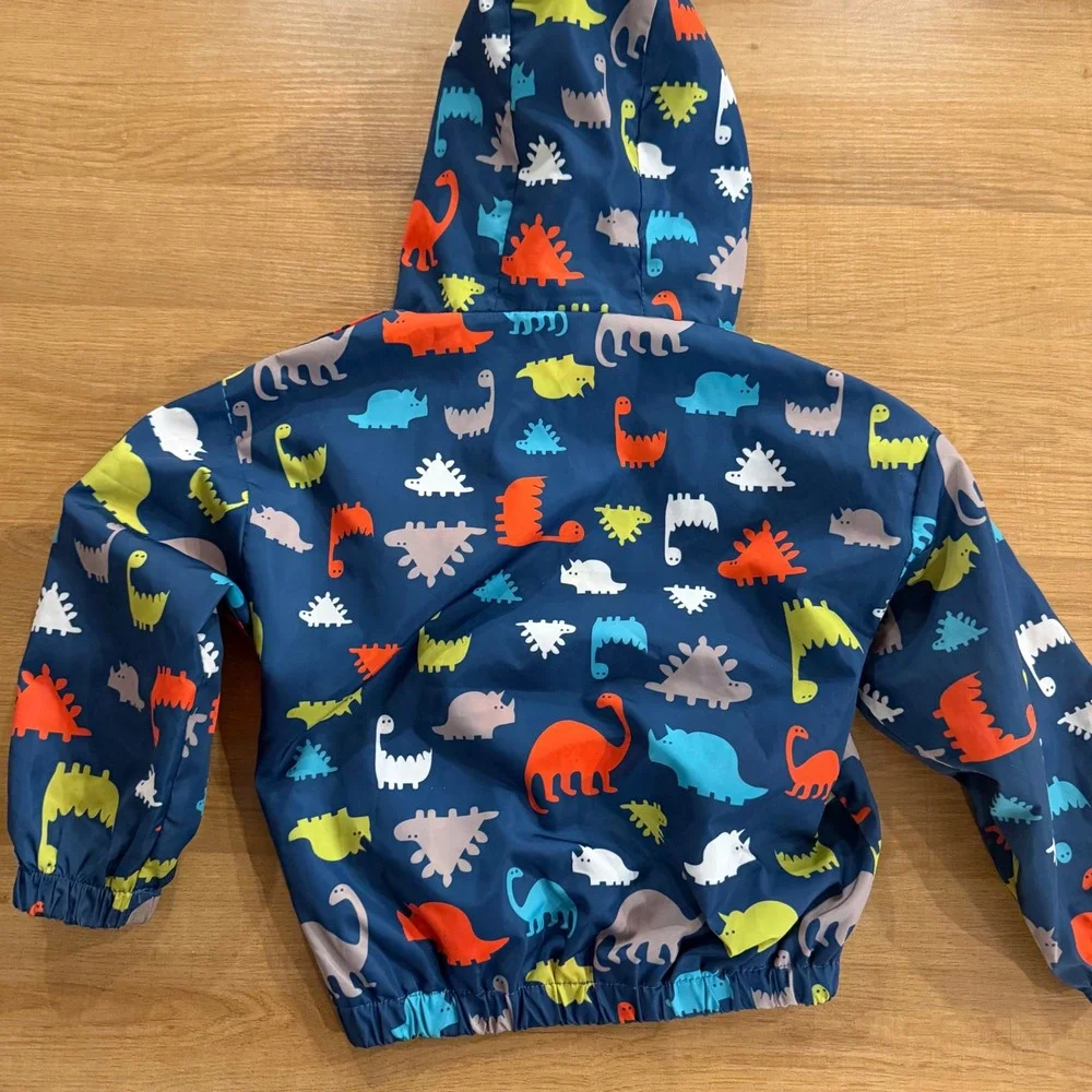 Kids Navy Blue Dinosaur Print Hooded Windbreaker Jacket Mesh Lined Size 100
